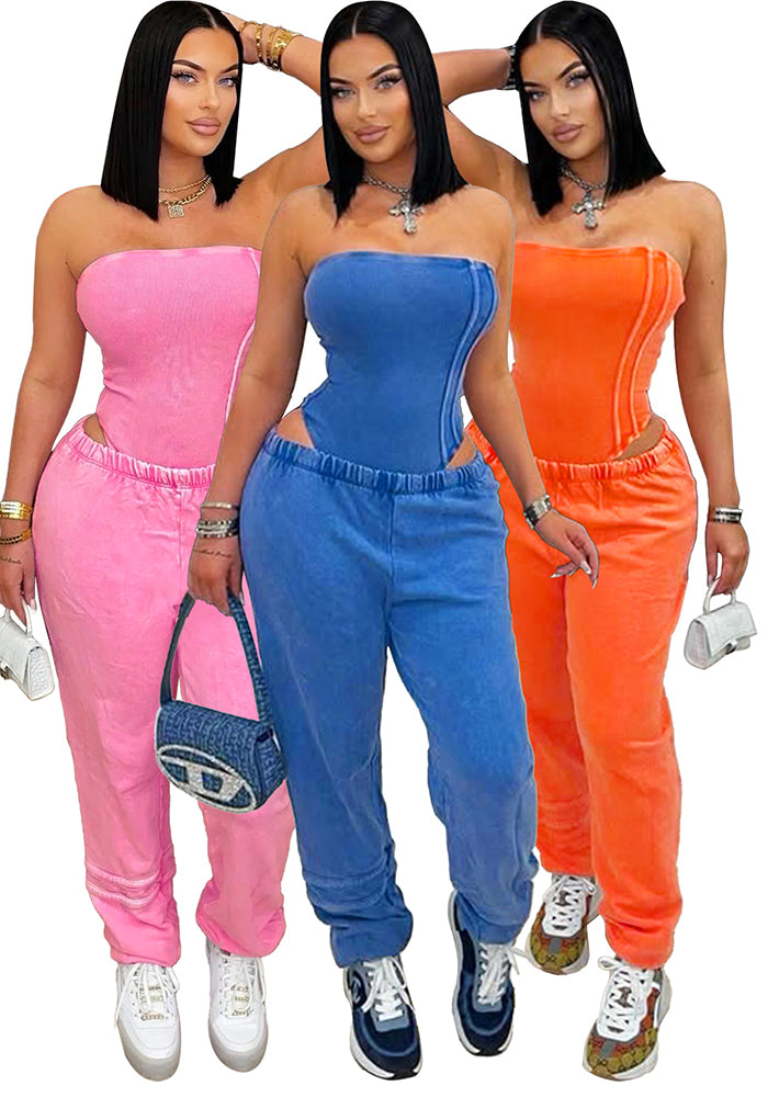 Strapless Slim Bodysuit and Loose Leg Pants Two-Piece Set for Women