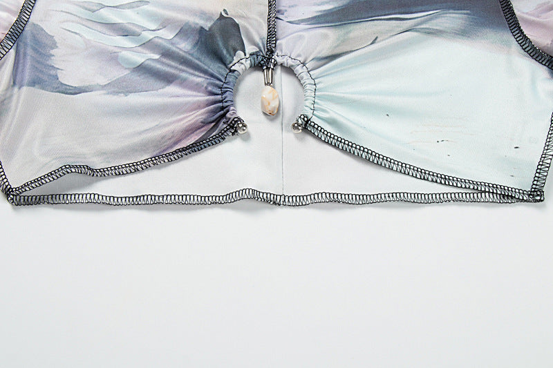 Women's Fall Sexy Round Neck Print Crop Top Tight Fitting Butt Lift Long Pants Set 13