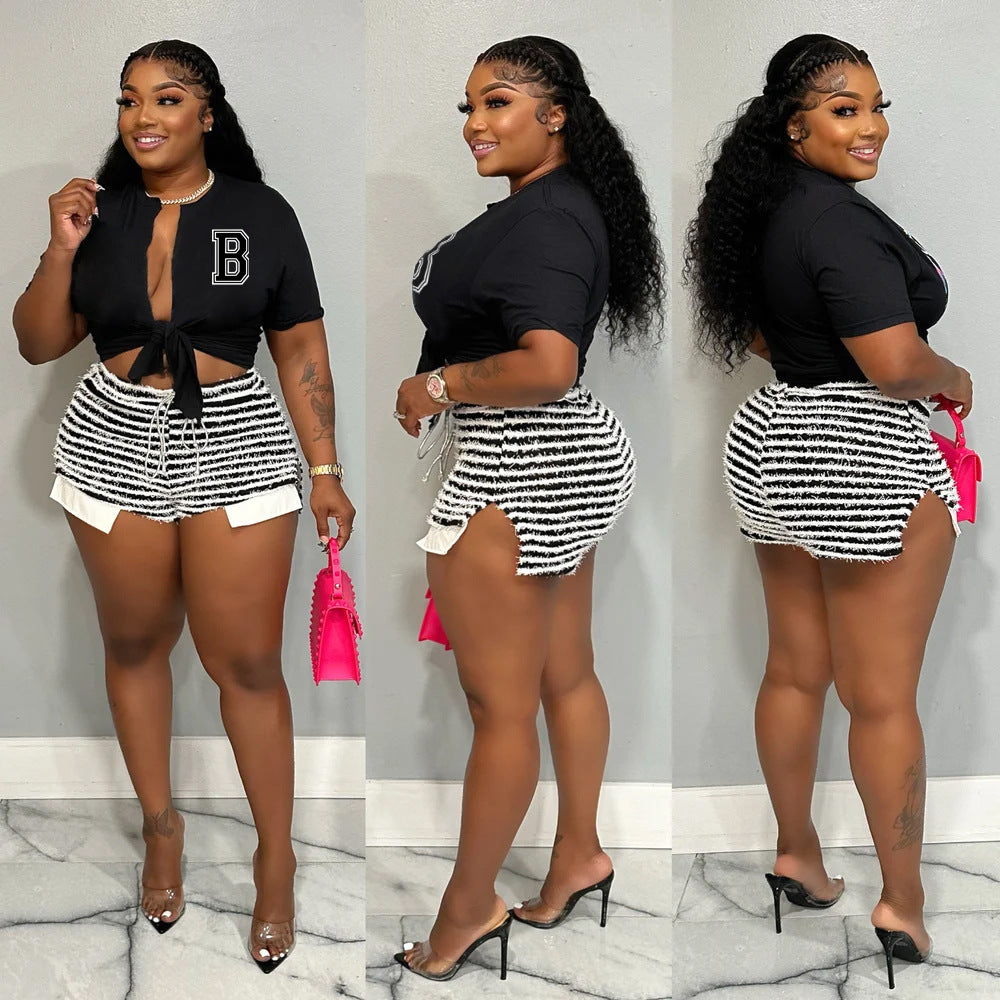 Striped Drawstring High Waist Shorts Sexy Fashion Casual Patchwork Plus Size Pants 3