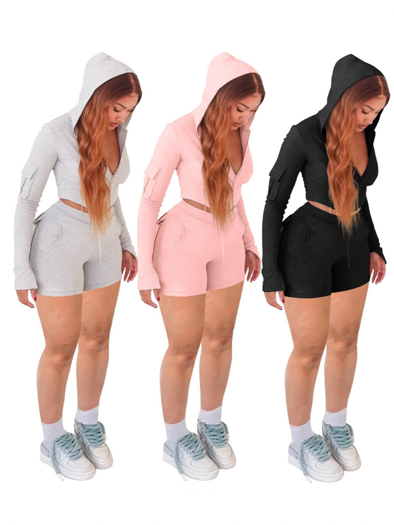 Women Casual Long Sleeve Top and Pocket Cargo Sports Shorts 2-piece Set 5