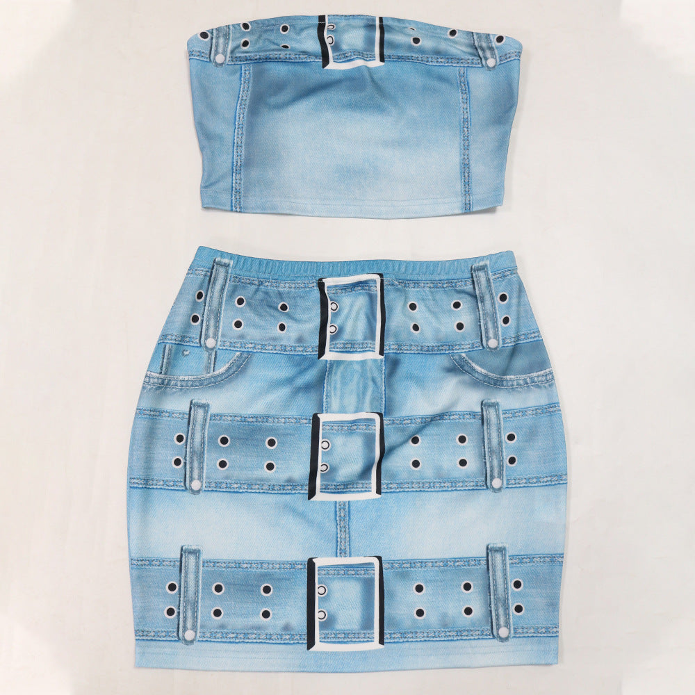 Women Printed Strapless Top and Skirt Sexy Two-piece Set 5