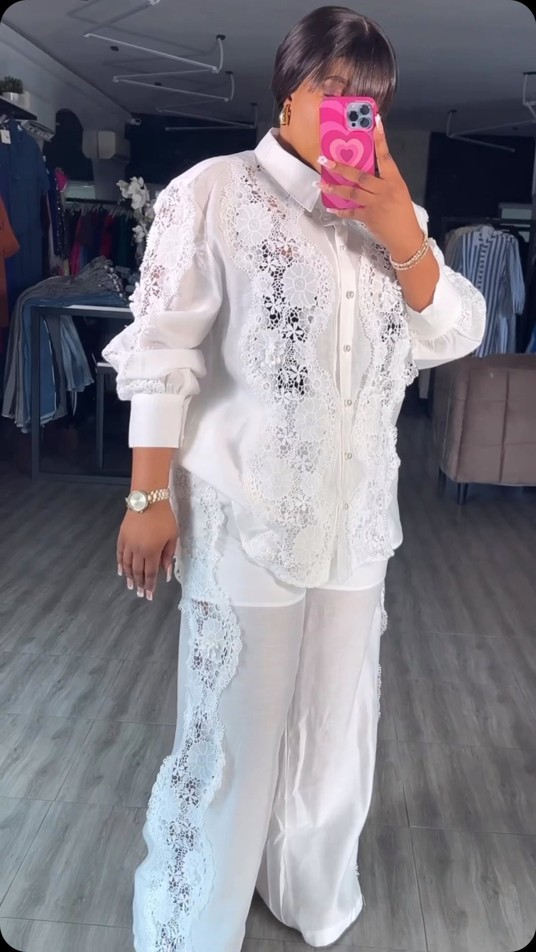 Women French Lace Patchwork Long Sleeve Shirt Wide Leg Pants Two Piece 3