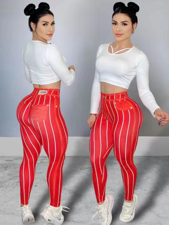 Women Line Printed High Waist Sports Fitness Yoga Pants 13