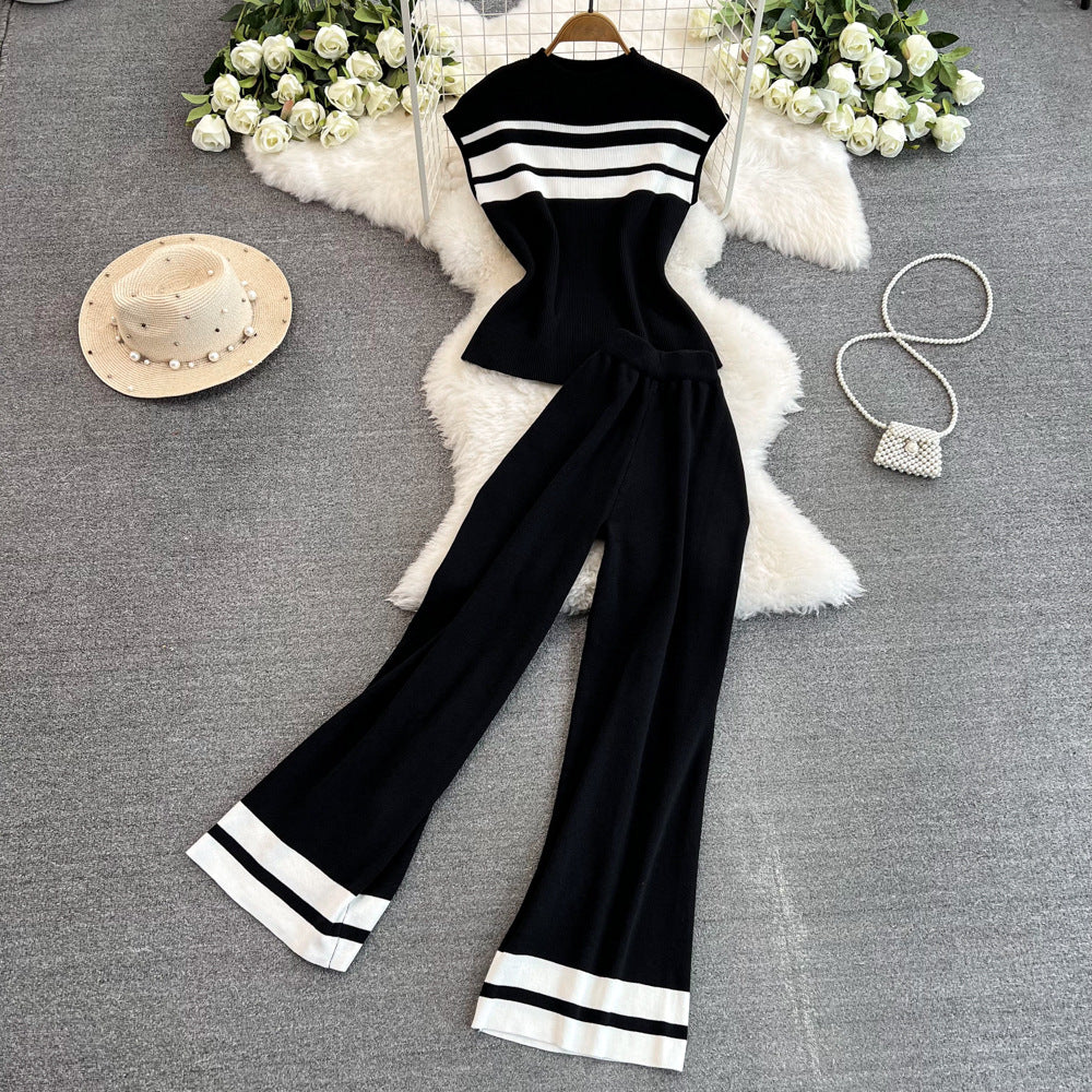 Fashion Women Sleeveless Slim Knitting Top Casual High Waist Straight Wide-Leg Pants Two-Piece Set