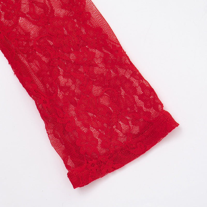 Autumn Women's Solid Color Lace-Up Sexy Lace Long Sleeve Ribbon Short Dress 19