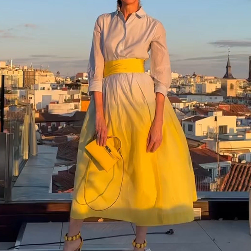 Summer Women's Fashion Gradient Long Sleeve Loose Tie Waist Shirt Dress 4