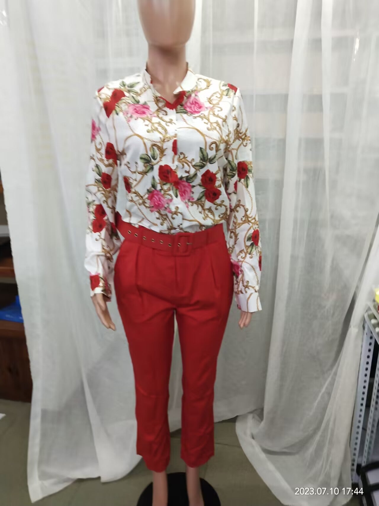 Women Long Sleeve Printed Shirt + Solid Pant Casual Two-Piece Set (No Jacket) 20