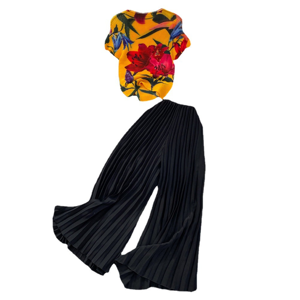 Fashion Women's Short Sleeve Printed Pleated Top High Waisted Slim Fit Wide Leg Pants Two-Piece Set 7