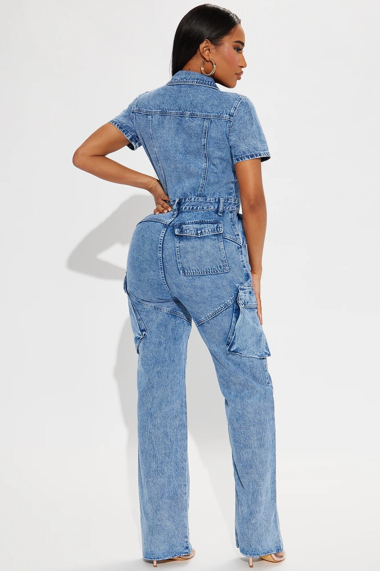 Short Sleeve Tight-Waisted Slim-Fit Stretch-Washed Denim Jumpsuit 3