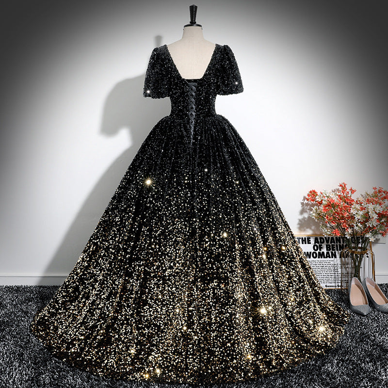 Luxury Sequin Puff Short Sleeve A-Line Luxury Evening Dress（Processing time need 3-6 days） 4