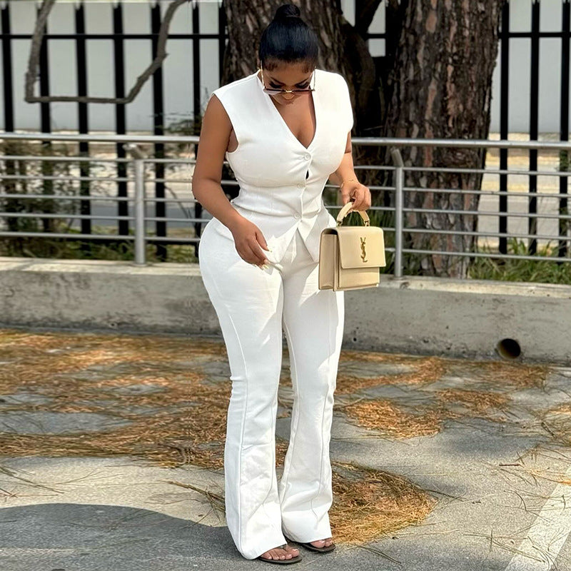 Women's Autumn Fashion V-Neck Button Slim Waist Vest Straight Leg Solid Color Pants Set 4