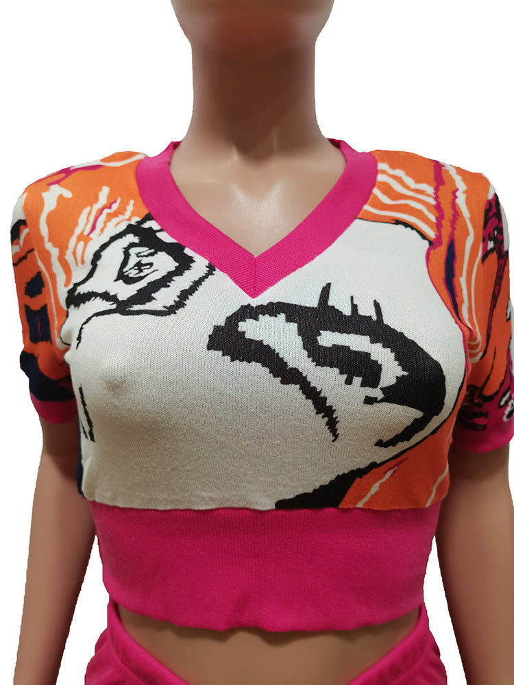 Women's Summer Print Heart Neck Slim Sport Casual Top + Shorts Set 15