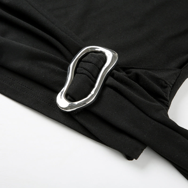 Women American asymmetrical off-shoulder metal button streamer Tank Top 14