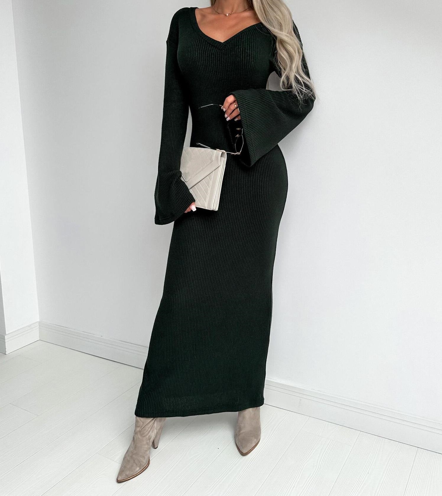 Winter and Spring knitting v-neck long sleeve Chic elegant long dress for women 10