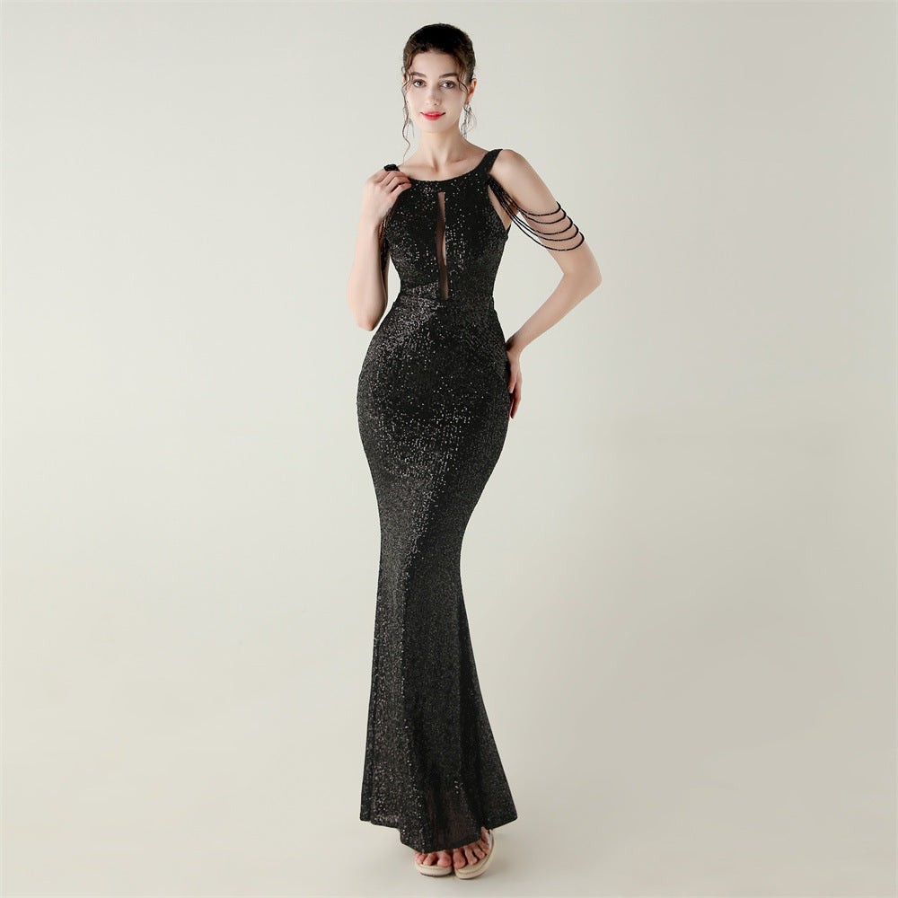 Sequin Beaded Off-Shoulder Halter Fishtail Evening Party Dress 15