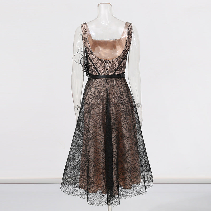 Women French Retro Summer Suspender Maxi Fishbone Lace Dress 9