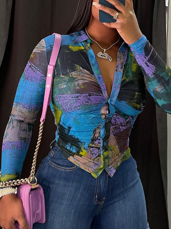 Autumn Fashion Sexy Multi-Color Long Sleeve Button Deep V neck Women shirt Top 6