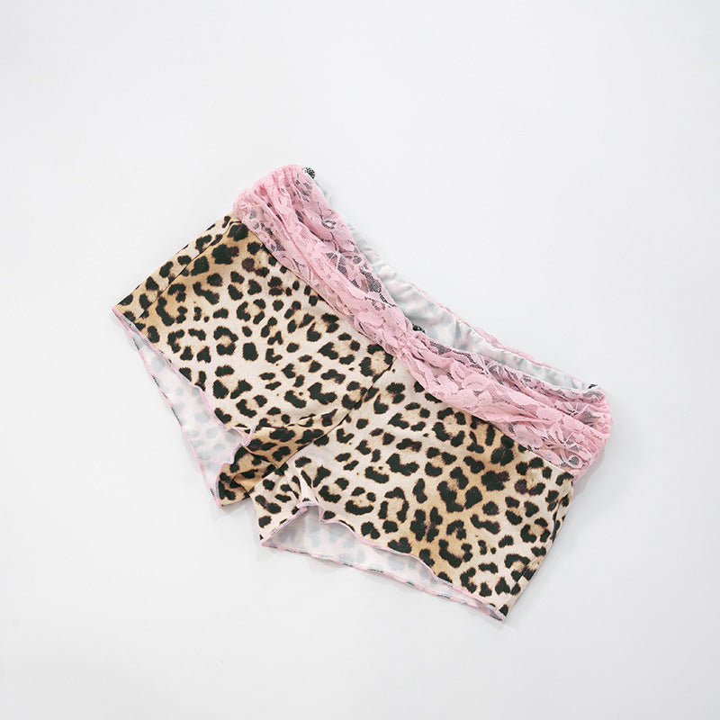 Leopard Print Patchwork Lace Bowknot Strap Top Contrast Color Shorts Two-Piece Set 27