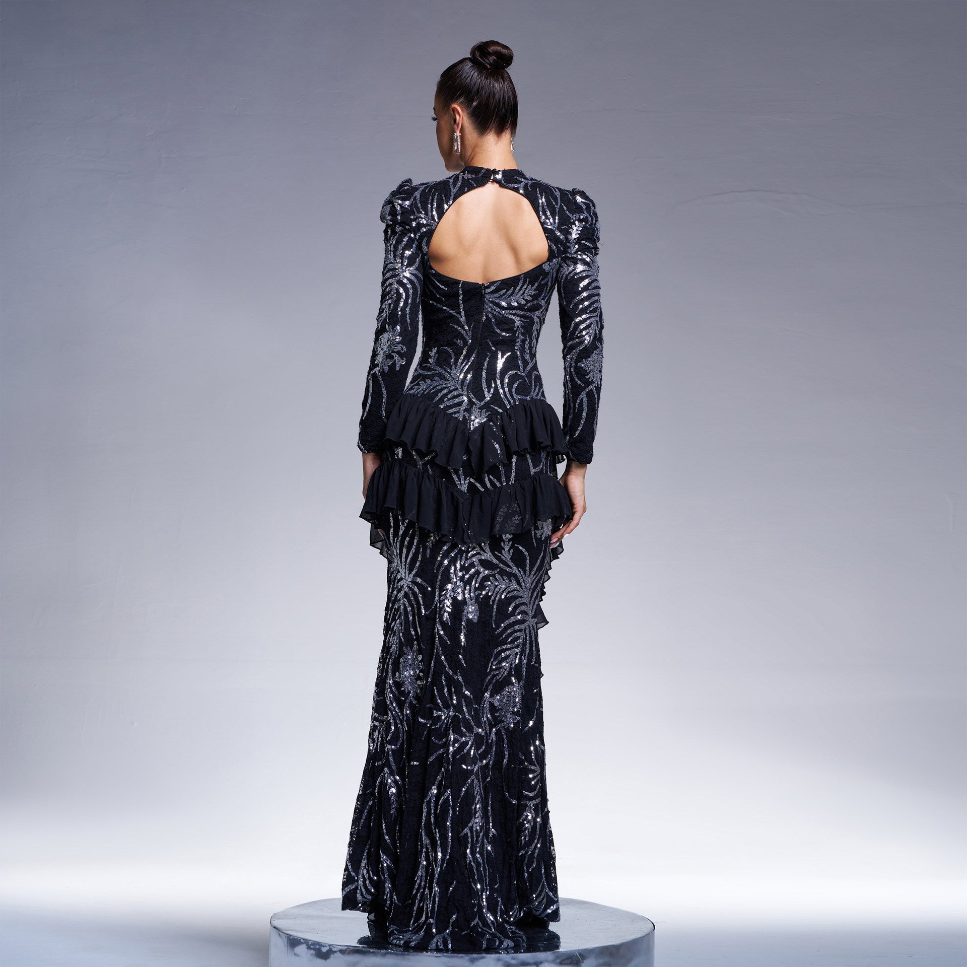 Women long sleeve round neck sexy sequins formal party maxi evening dress 3