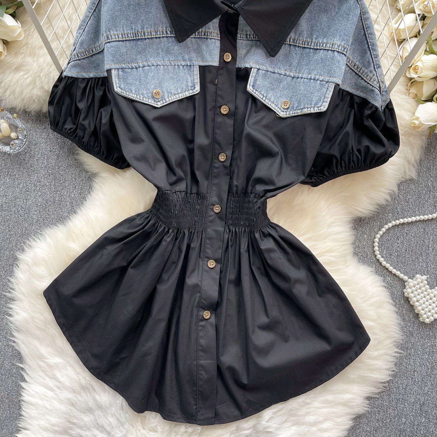 Women Contrast Patchwork Puff Sleeve Stretch Shirt 33