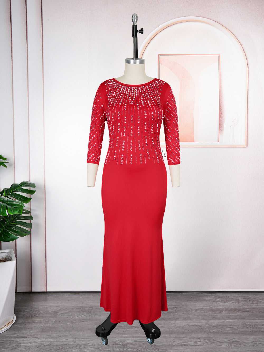 African Plus Size Women's Fashion Beaded Gown Solid Color Dress 7