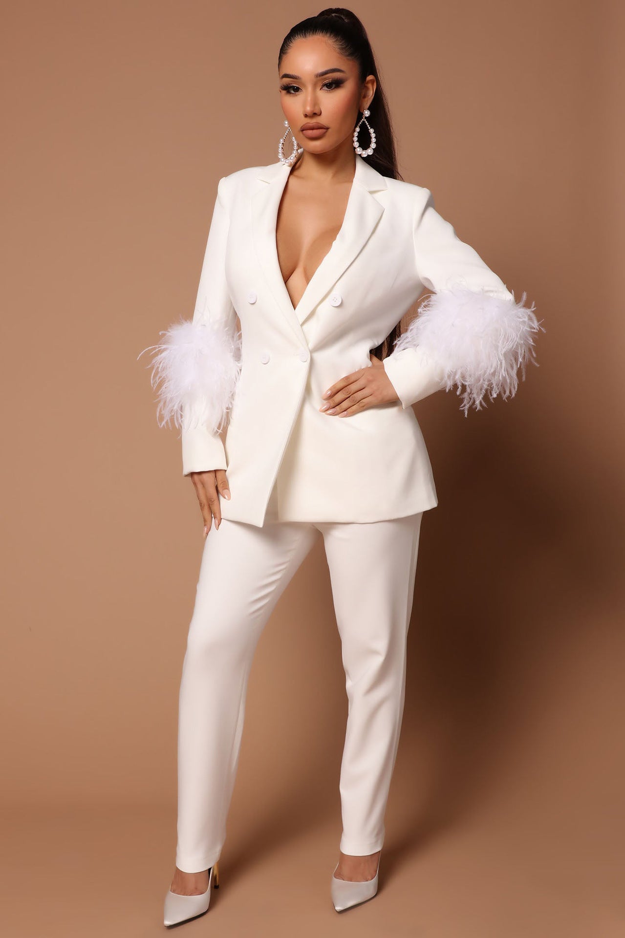 Fall Women Feather Blazer and Pant Two Piece 4