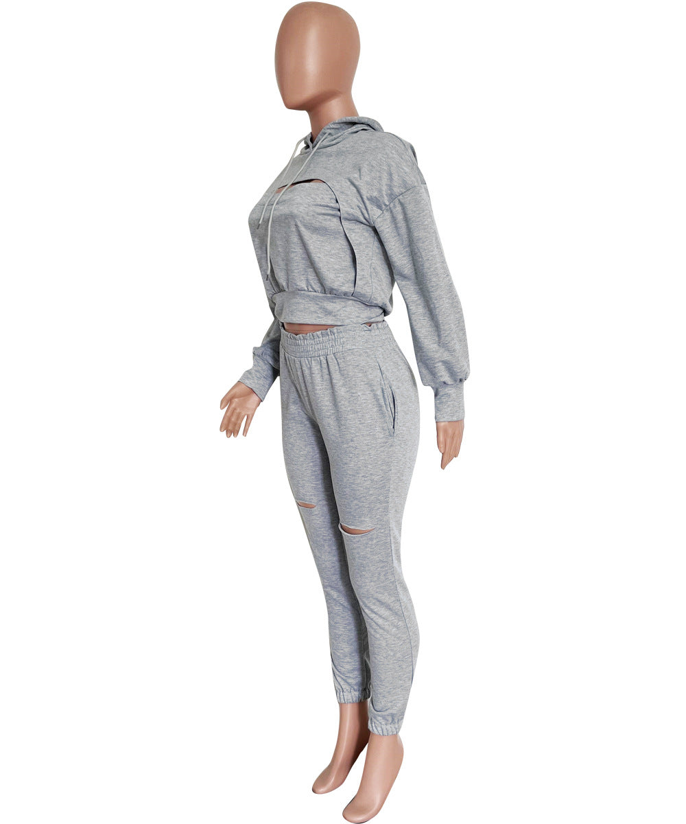 Women's Solid Color Hong Sleeve Hollow Hoodies Sweatpants Two-Piece Set 6