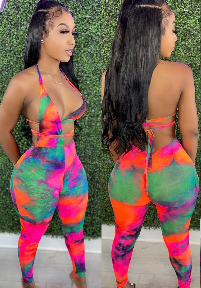 Women Summer Sexy Hollow Lace-Up Bikini Top and Printed Pant Two-piece Set