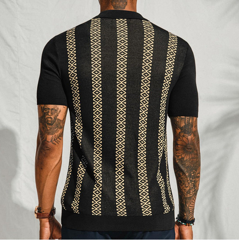 Men's Summer Striped Jacquard Knitting Short Sleeve Polo Top 6