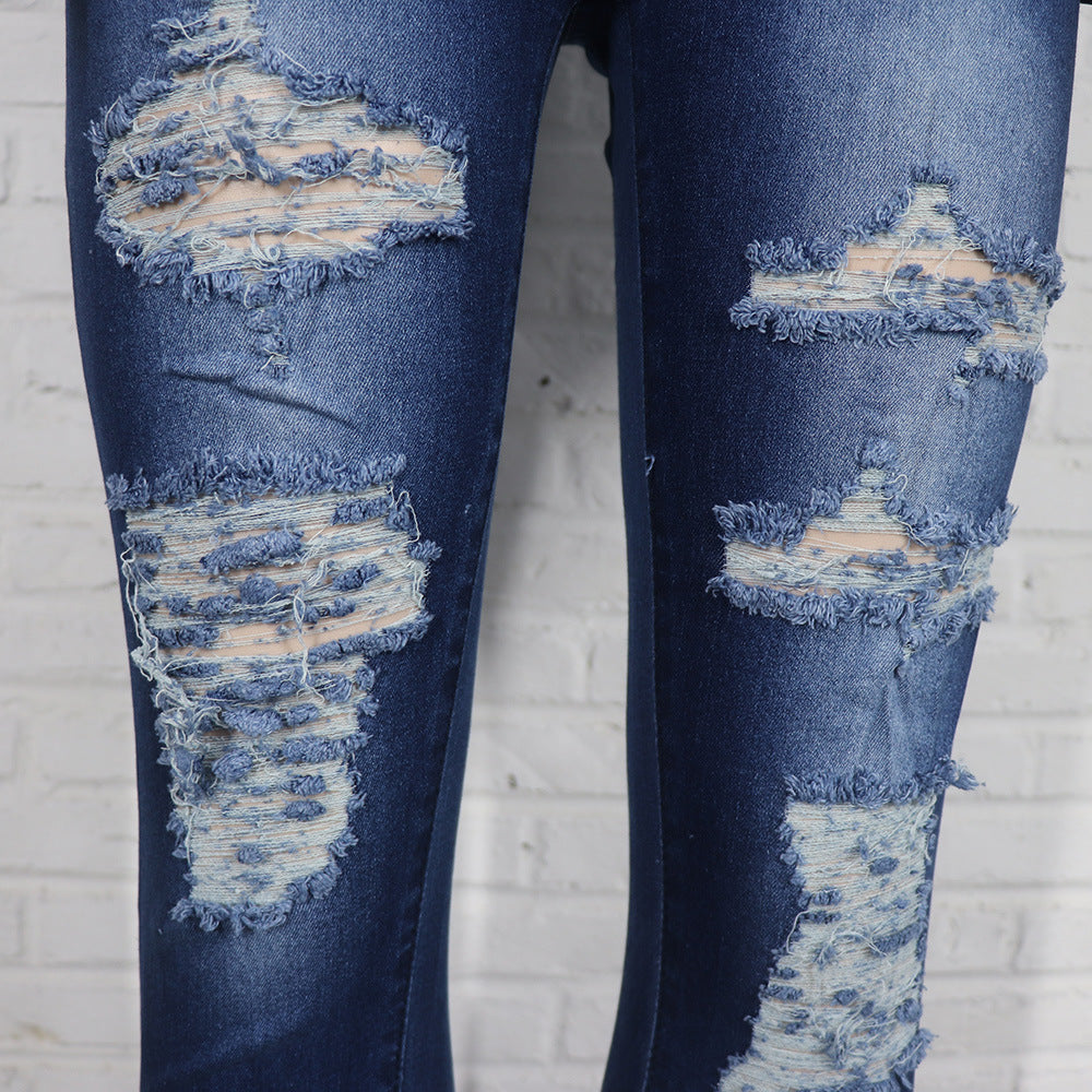 Women Stretchy Denim Pants Ripped Top and Pant Two-Piece Set 6