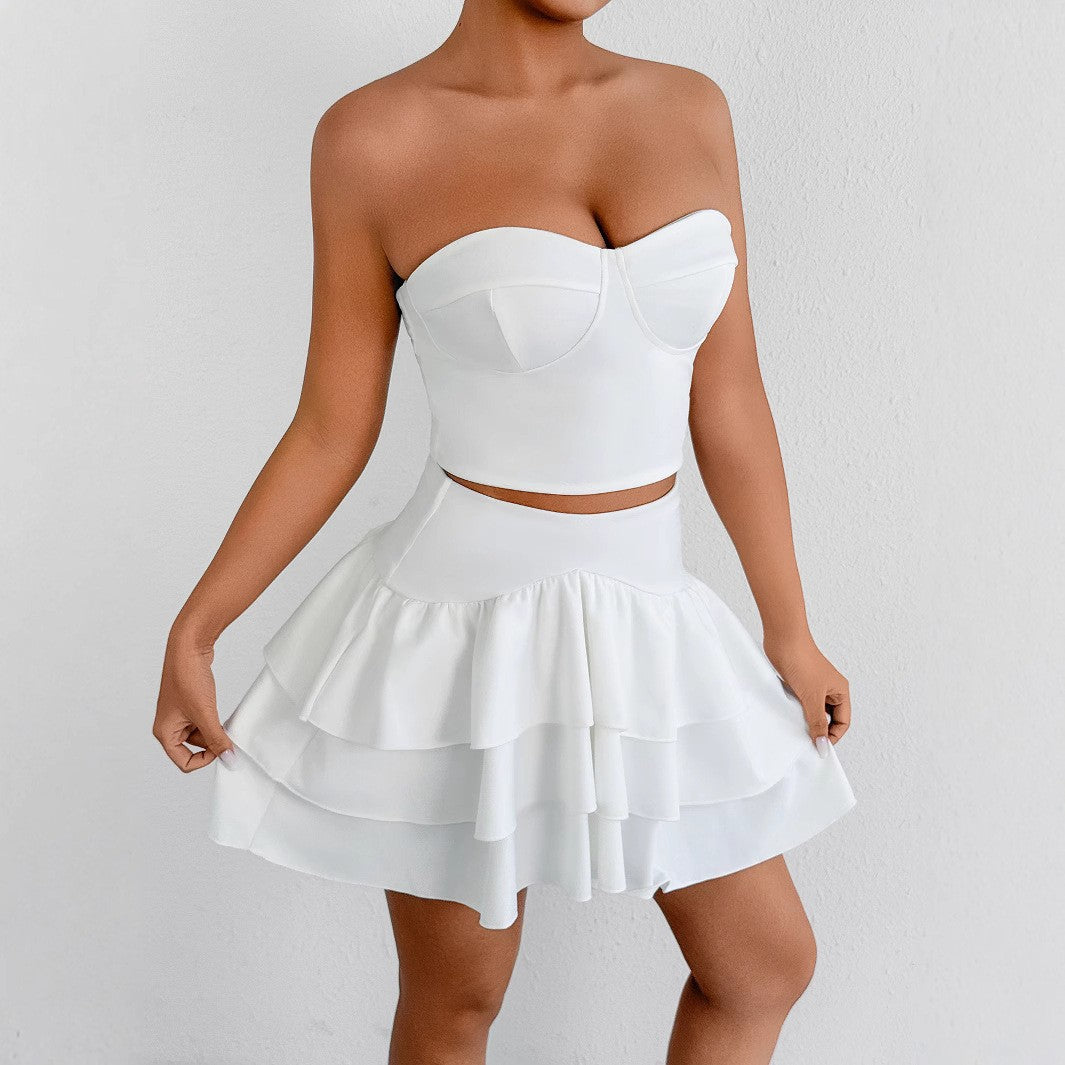 Sexy Strapless top Ruffled Cascading Short Skirt Two-Piece set 3