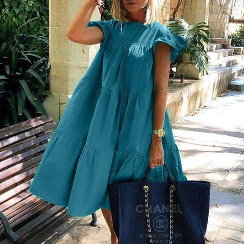 Summer Women Vintage Floral Loose Casual Round Neck Short Sleeve Dress 12