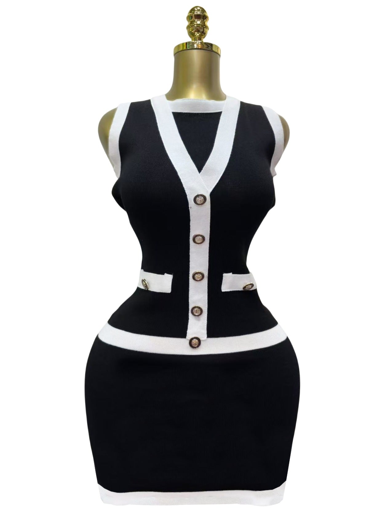 Women elegant button-down colorblock sleeveless single-breasted knitting dress 13