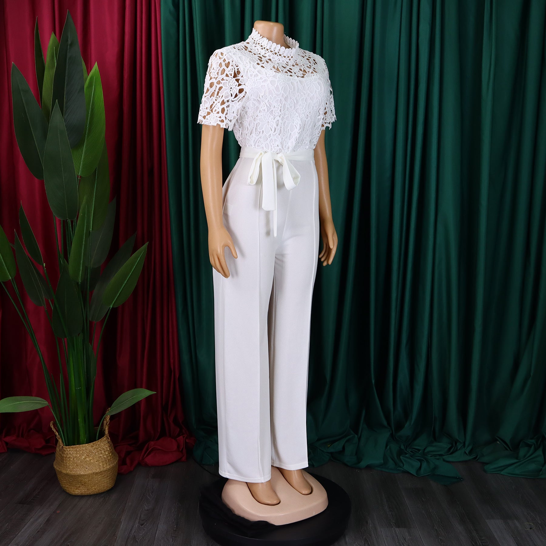 Women's Sexy Lace Hollow Short Sleeve Belt High Waist Wide Leg Jumpsuit 33