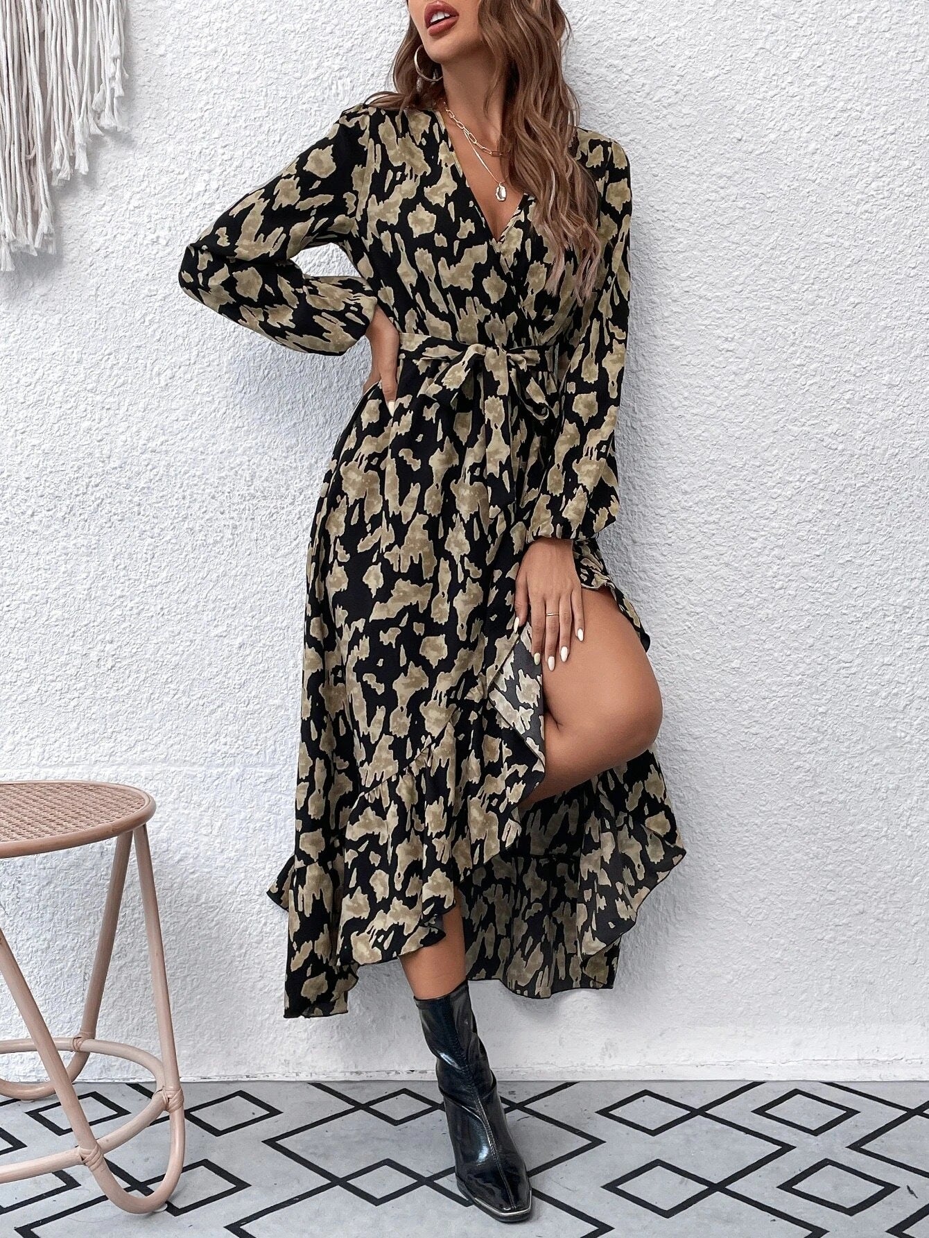 Women's Long Sleeve Ruffle Leopard Print Dress 4