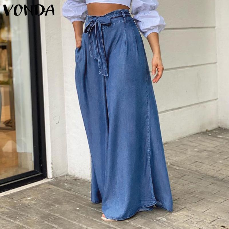 Plus Size Women Casual Denim Strappy High Waisted Wide Leg Pants 11