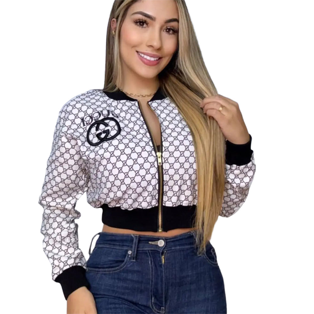 Women Printed Embroidered Ribbed Long-Sleeved Zippered Jacket 8