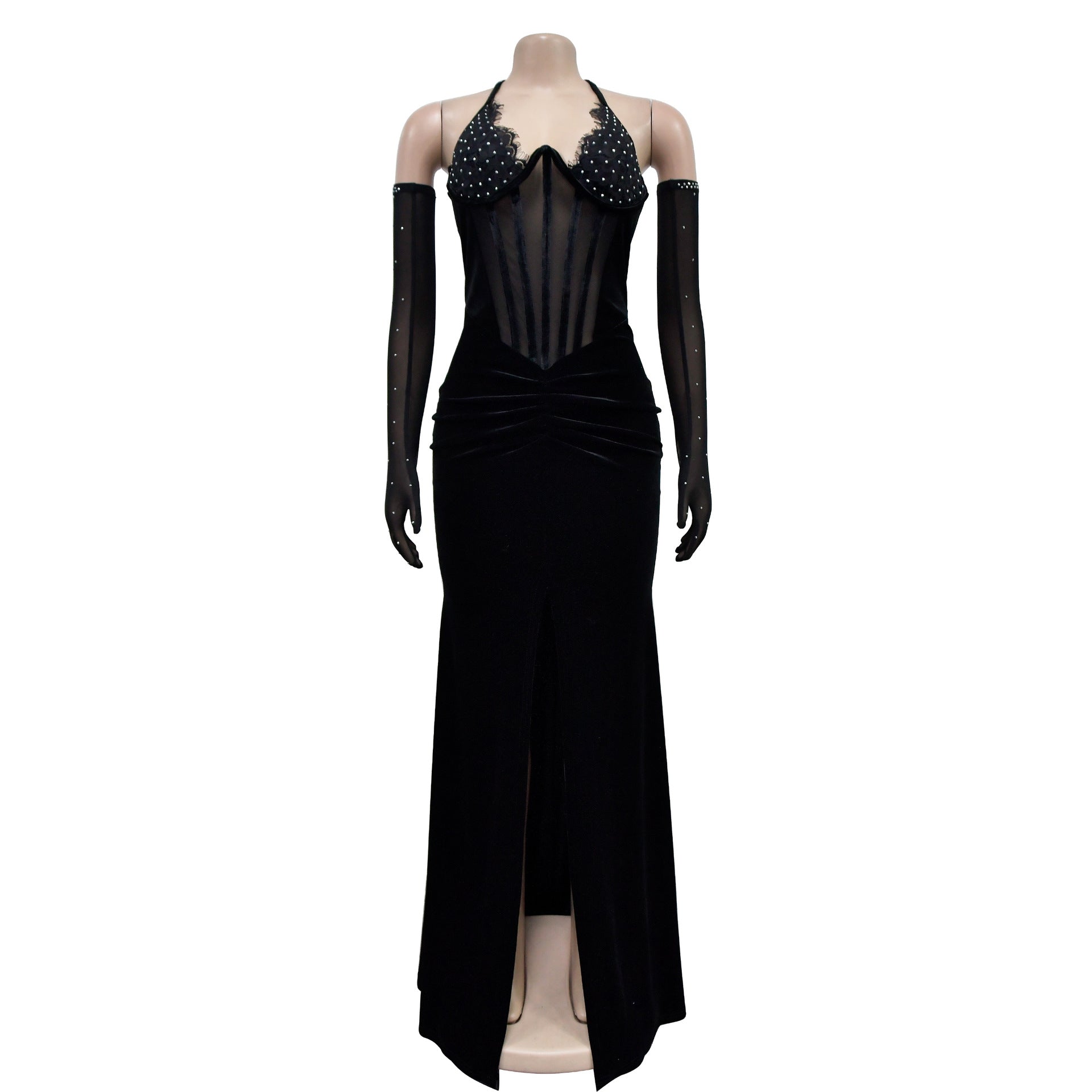 Fashion Women's Solid Color Halter Neck Slit Sexy Long Dress 13