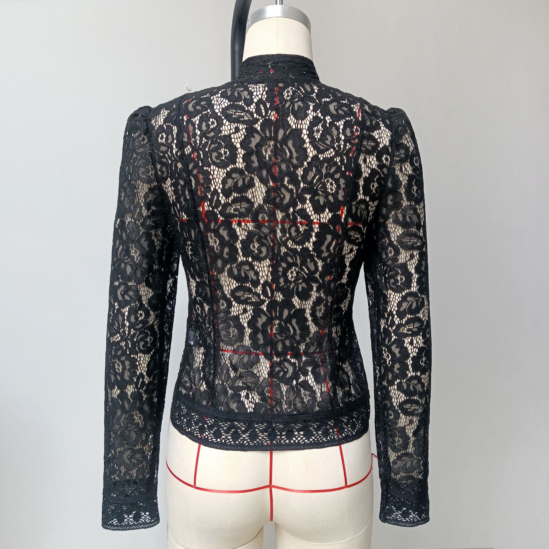 Summer Chic Career Lace Stand Collar Fitted Blouse 12