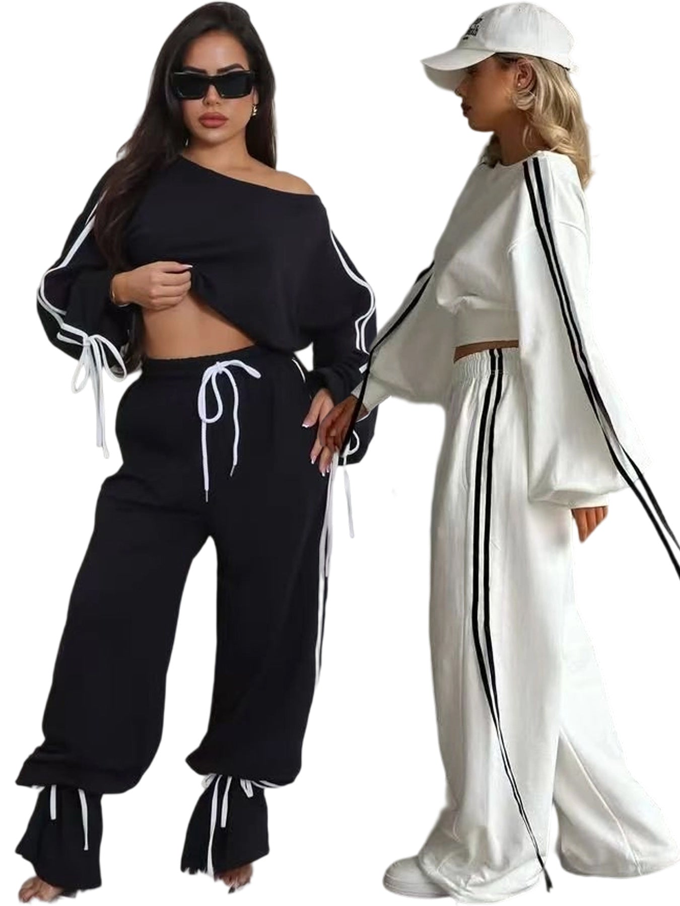 Autumn Casual Women's Solid Color Loose Webbing-Trimmed Two-Piece Pants Set 9