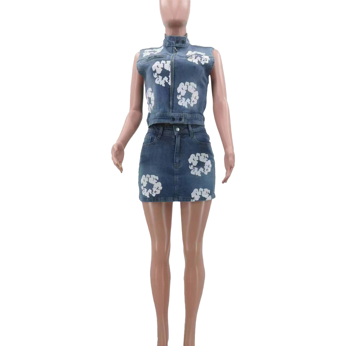 Casual women's clothing Style printed elastic Denim skirt sleeveless Vest set 3