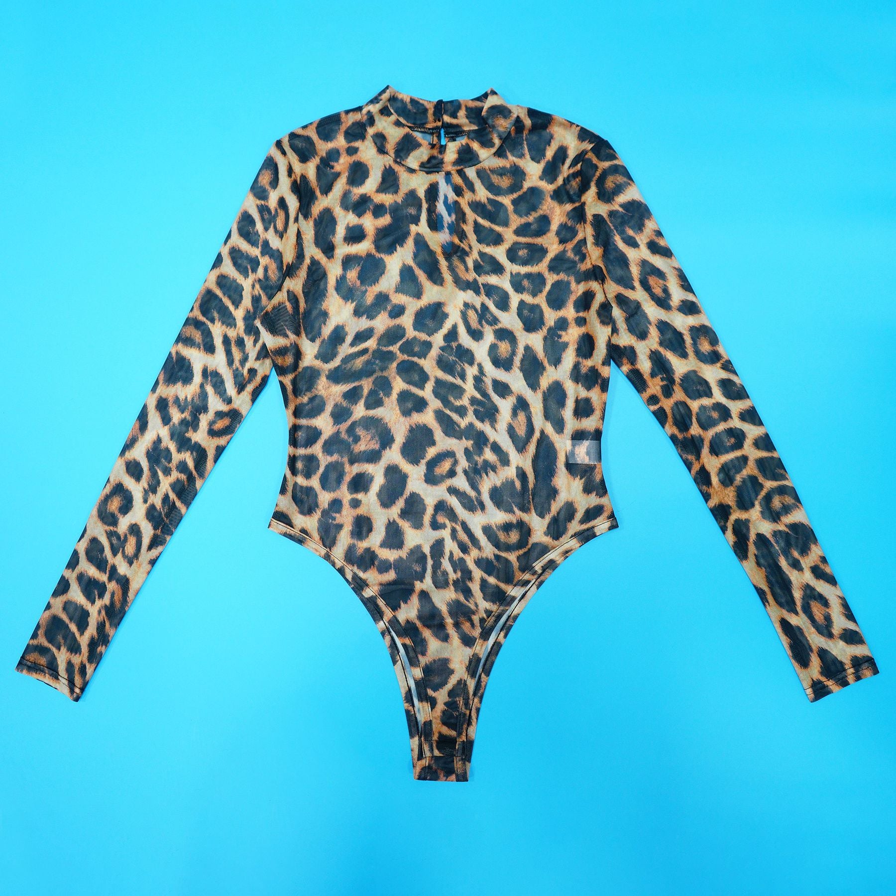 Women Sexy Leopard Print See-Through Bodysuit and Slit Skirt Two-Piece Set 15