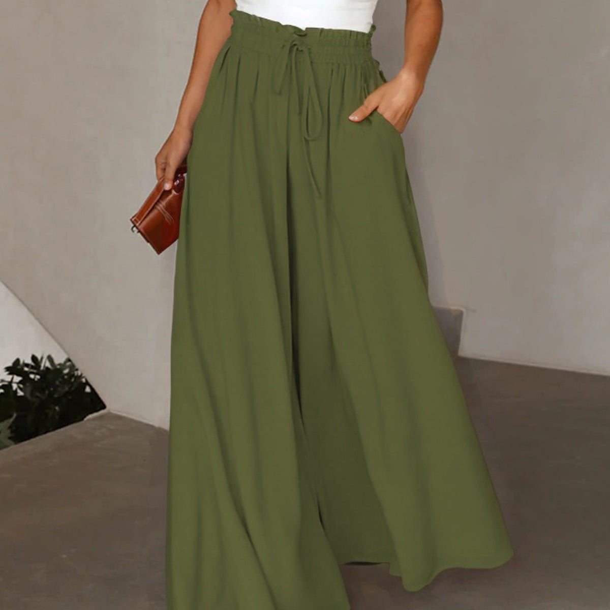 Women Solid Drawstring Loose Casual Wide-leg Pants 4