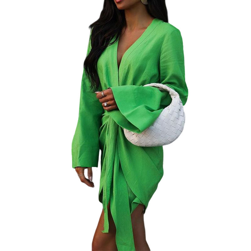 Ladies Fashion Chic Bell Bottom Sleeve V Neck Linen Dress 8