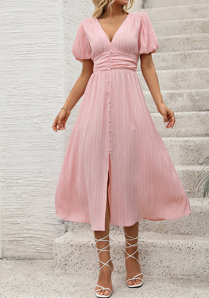 Women lantern sleeve summer v-neck split dress