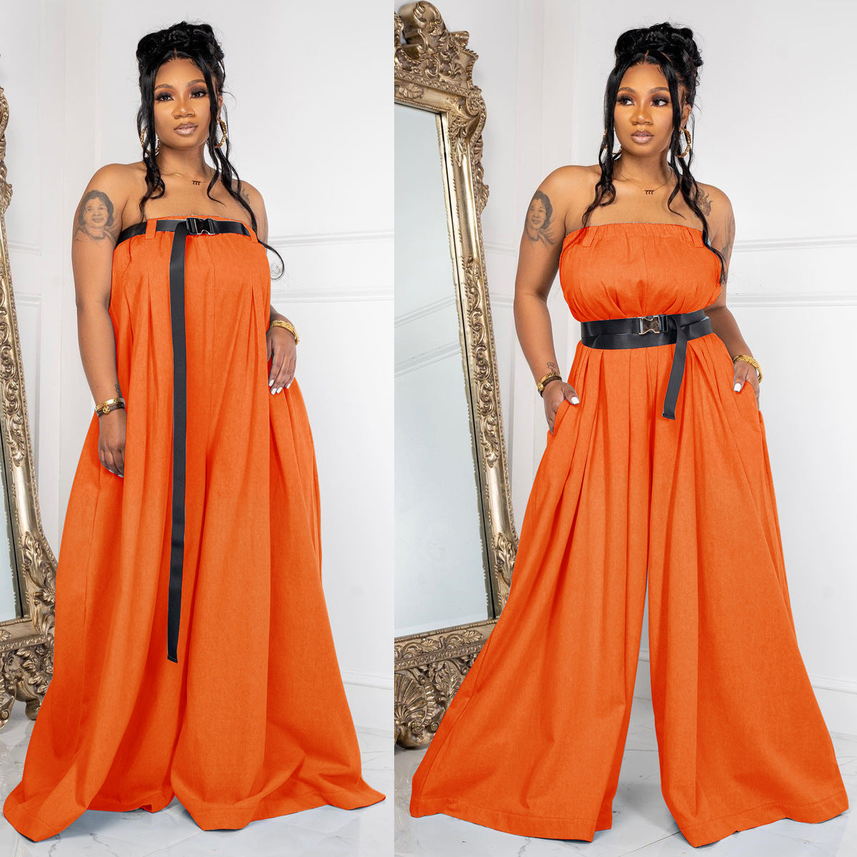 Fashion Long Strapless Wide Leg Pants Summer Jumpsuit With Belt 5