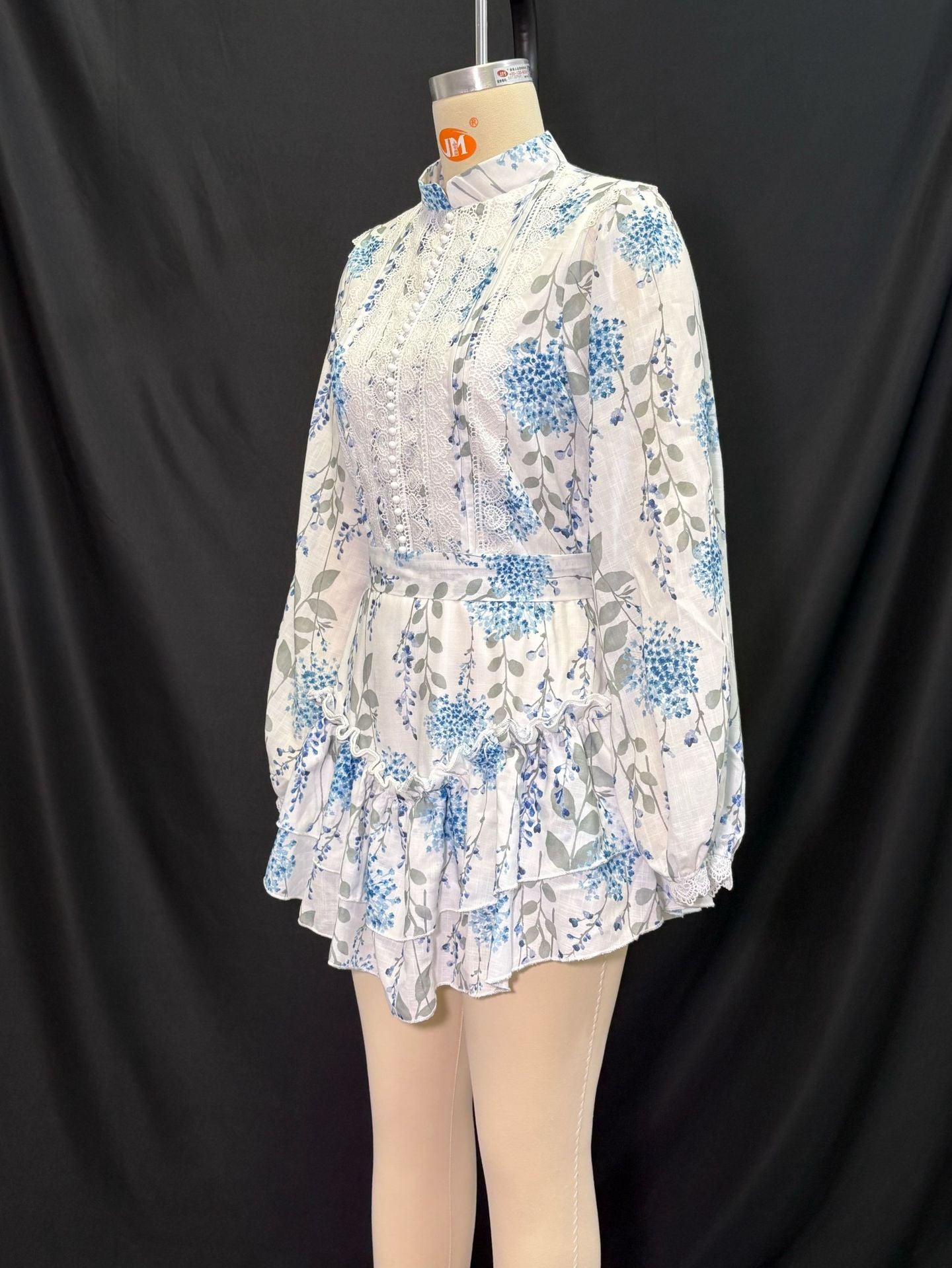 Women summer blue and white printed stand-collar puff sleeve long-sleeved ruffle dress 7
