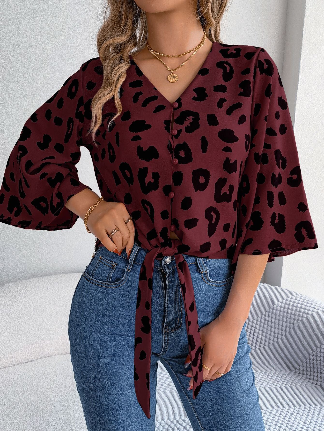Women Casual Leopard Print Lace Up Chiffon Top 4