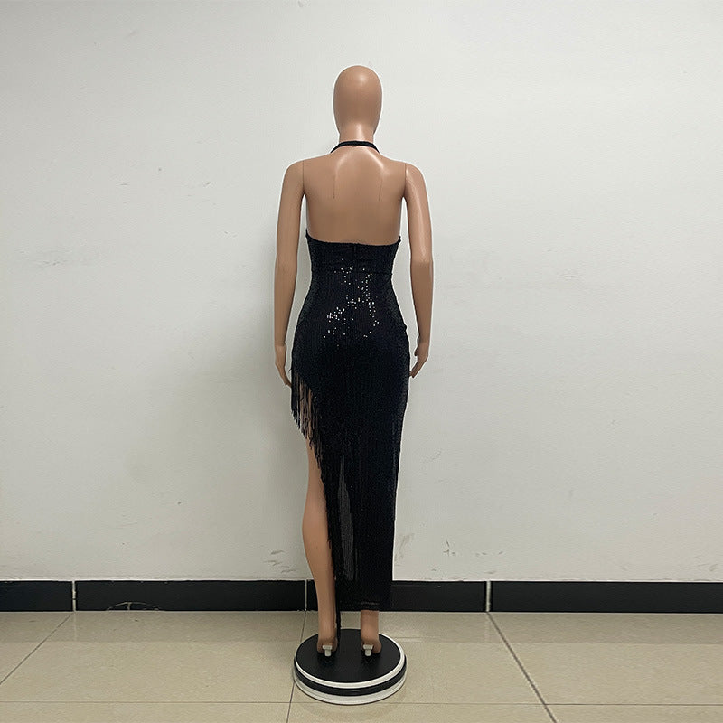 Women Backless Party sleeveless Halter Neck tassel sequin slit dress 17