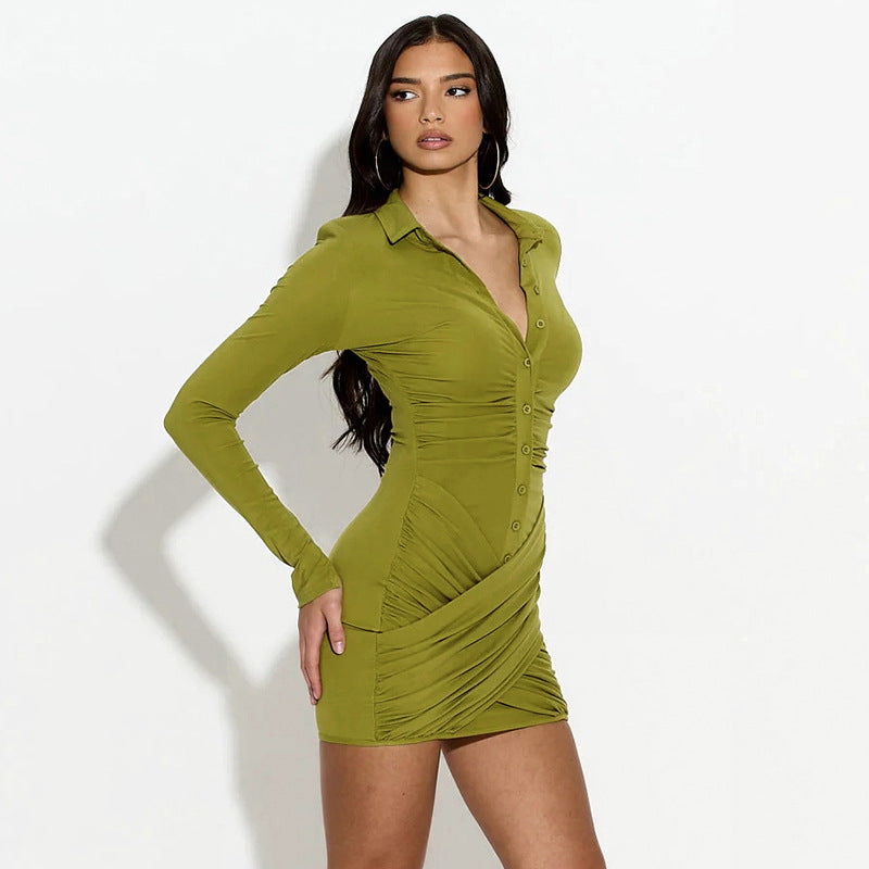 Women's Turn-Down Collar Button Long Sleeve Bodycon Short Dress 4